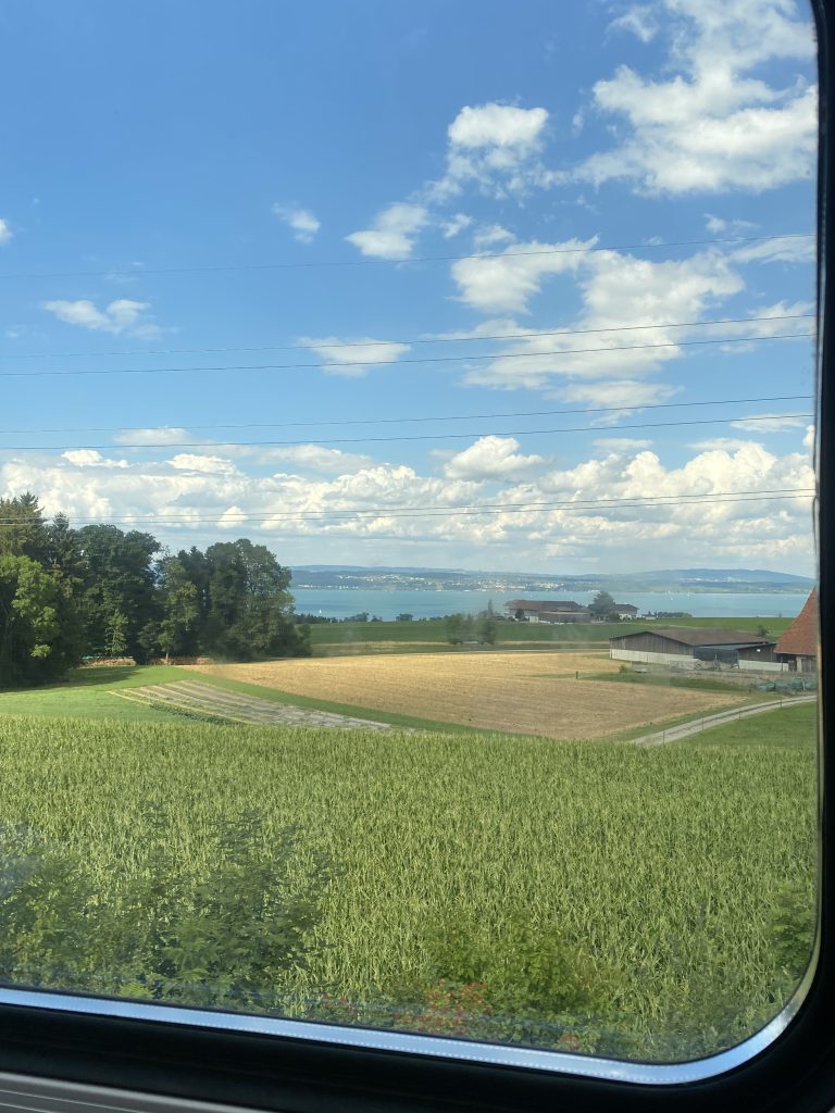Pogled iz vlaka na švicarski krajolik i Bodensko jezero